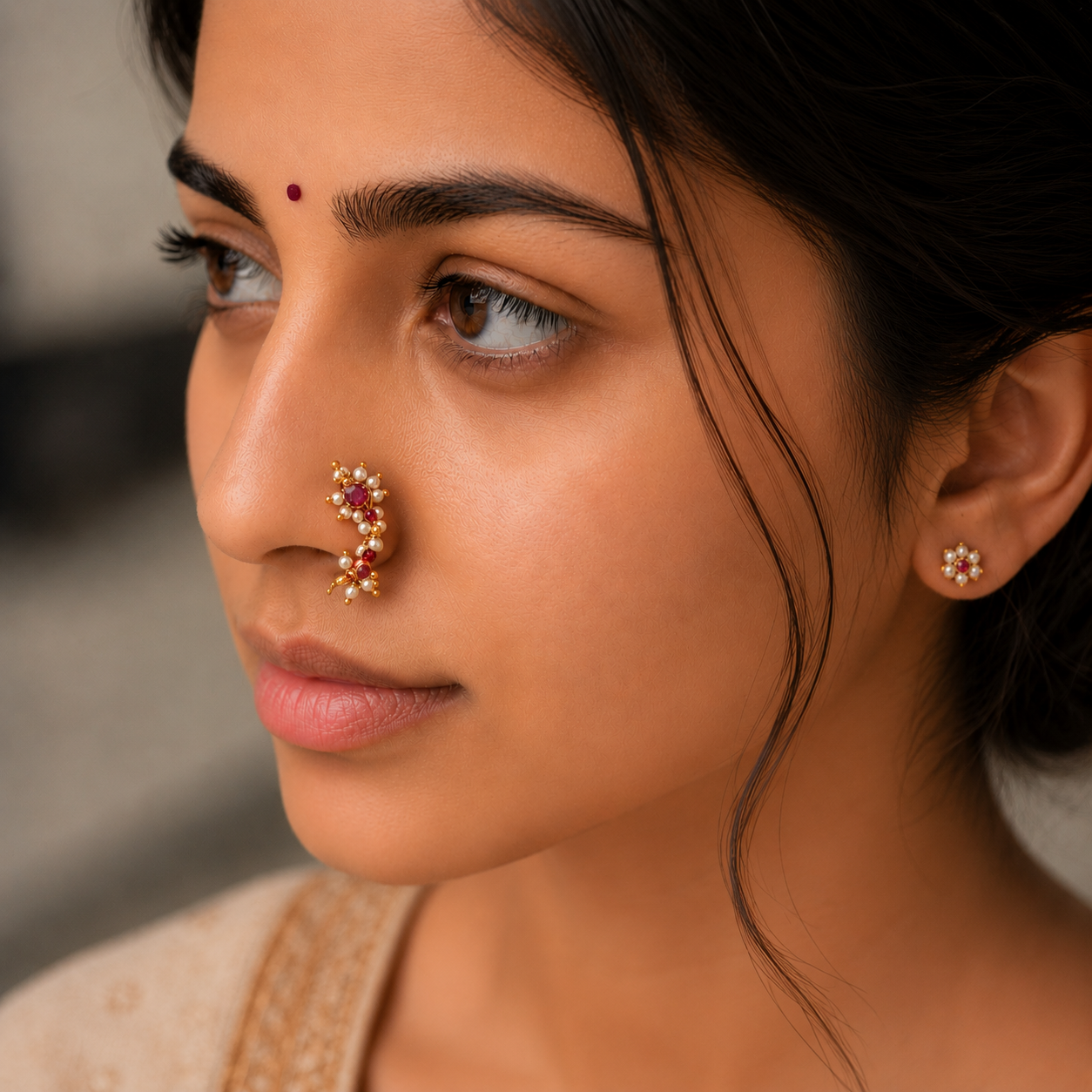 Traditional Ruby Pearl Gold Nath