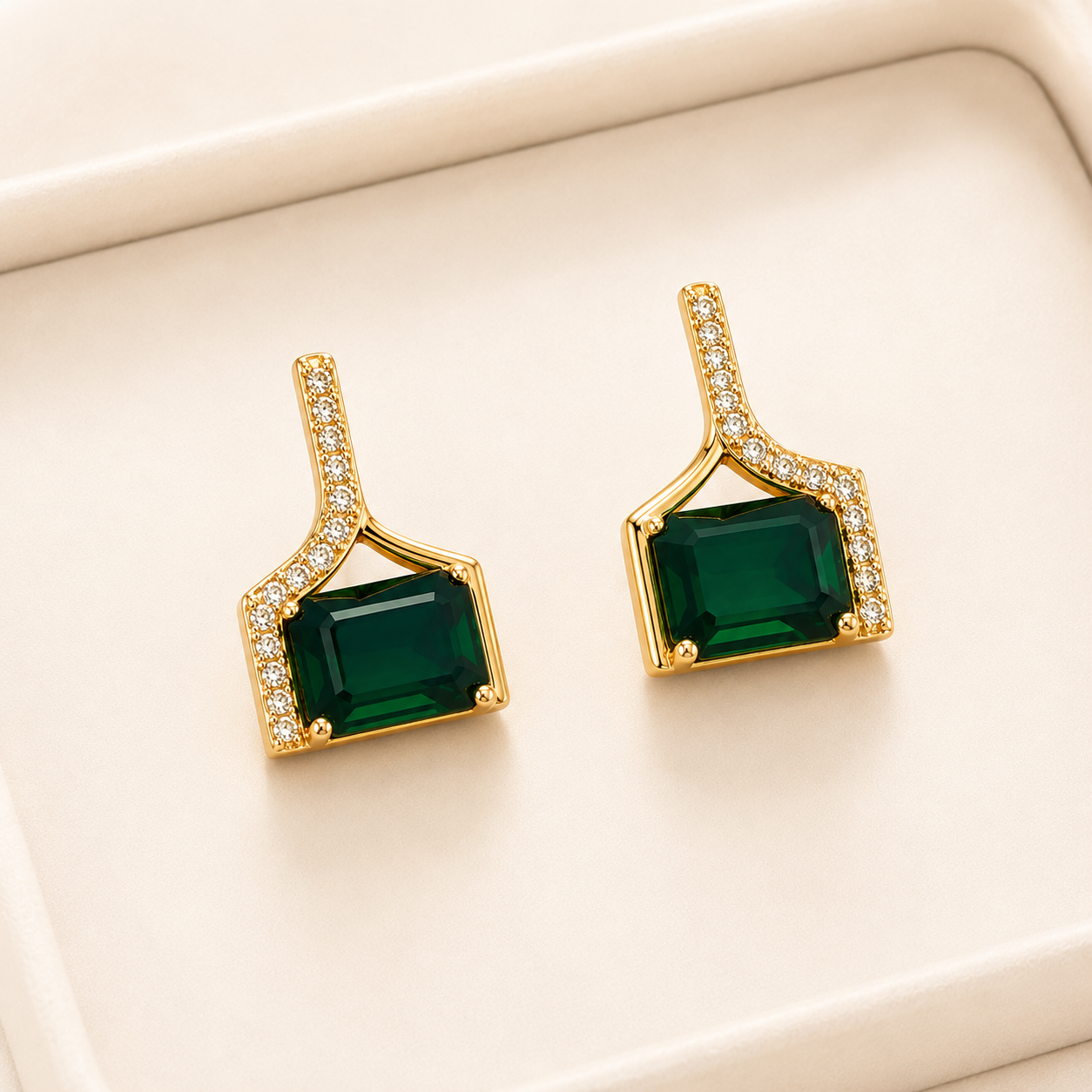Silver Drop Stud Earrings with Pearl & Green Stone