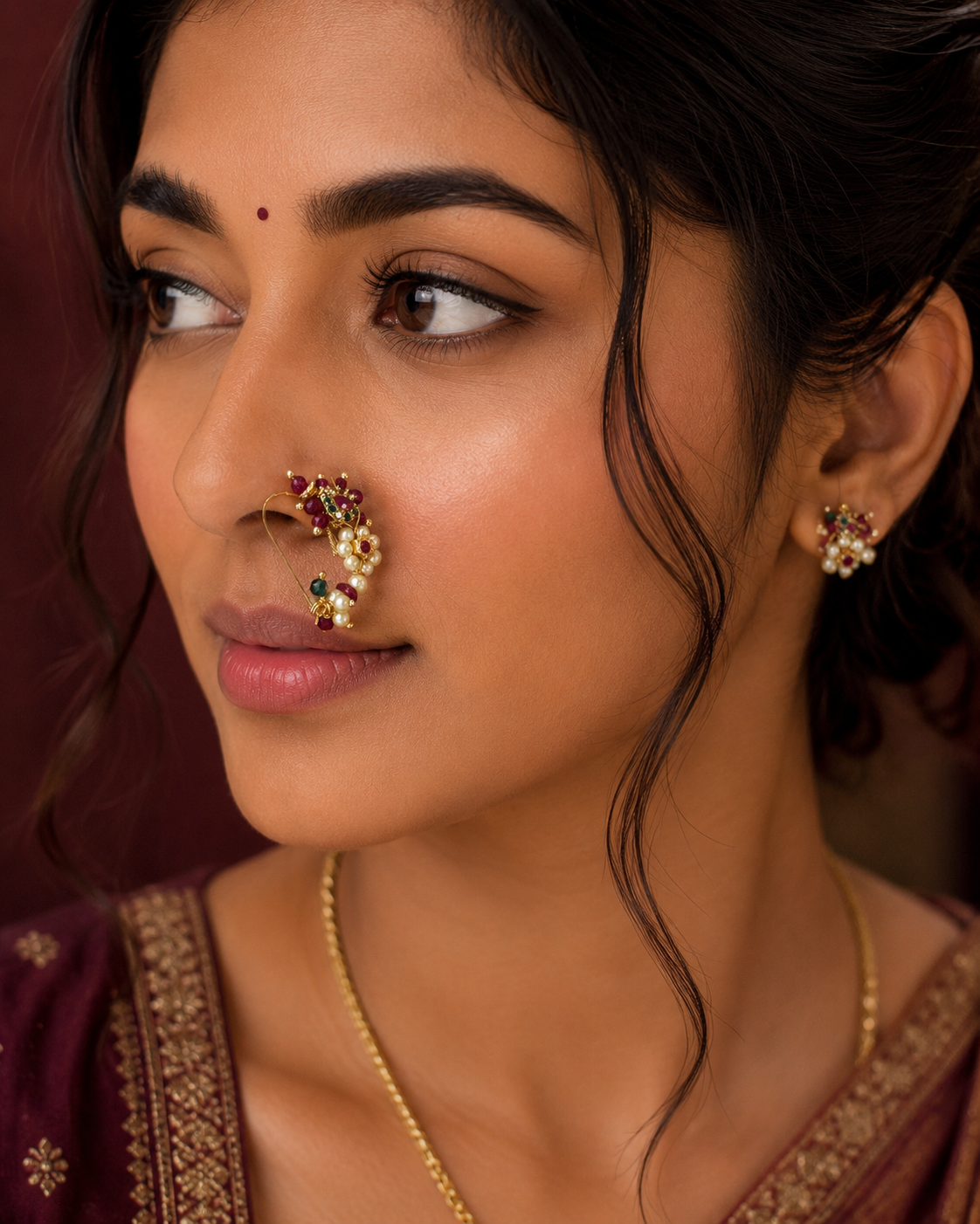 Rajwadi Pearl Ruby Diamond Gold Nath