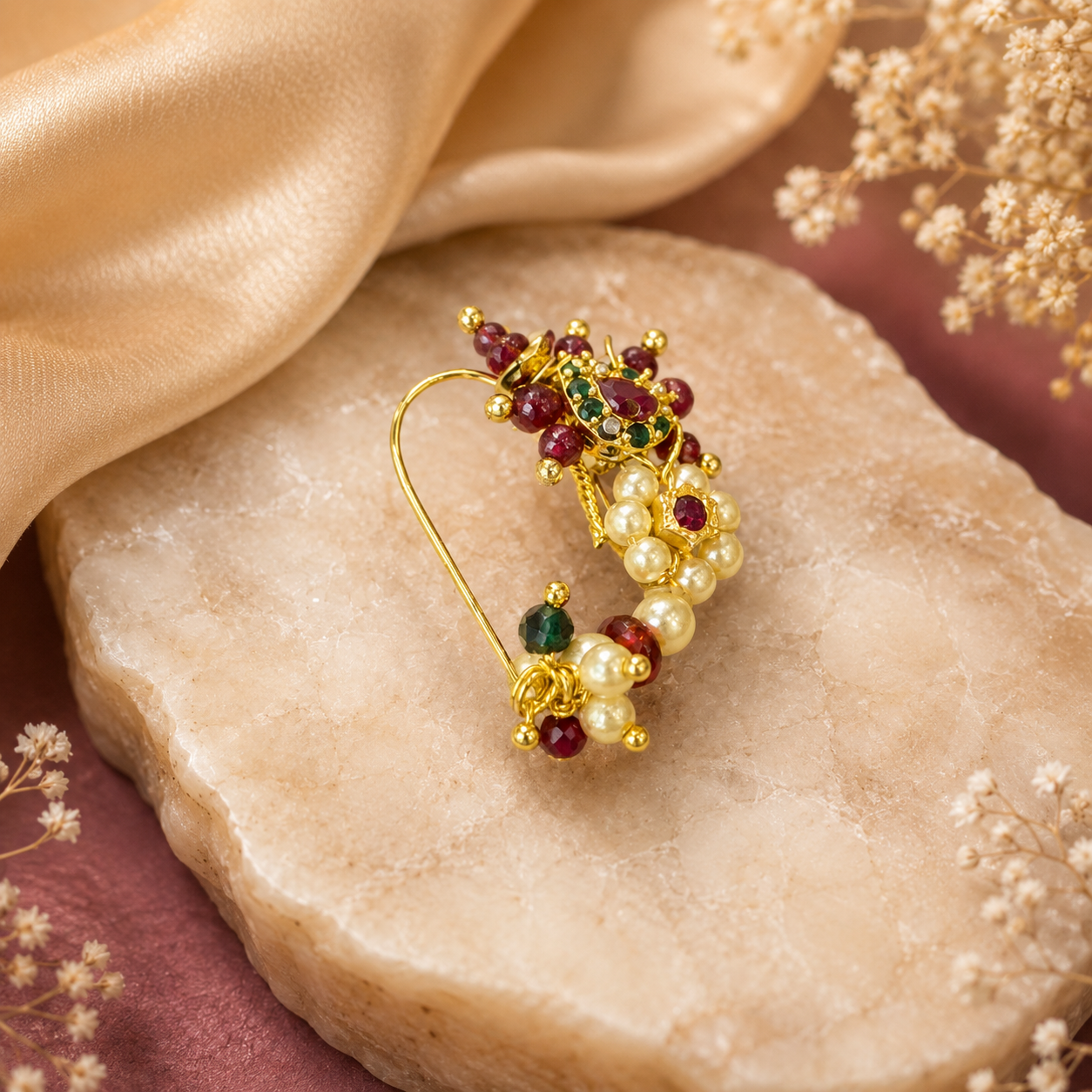 Rajwadi Pearl Ruby Diamond Gold Nath