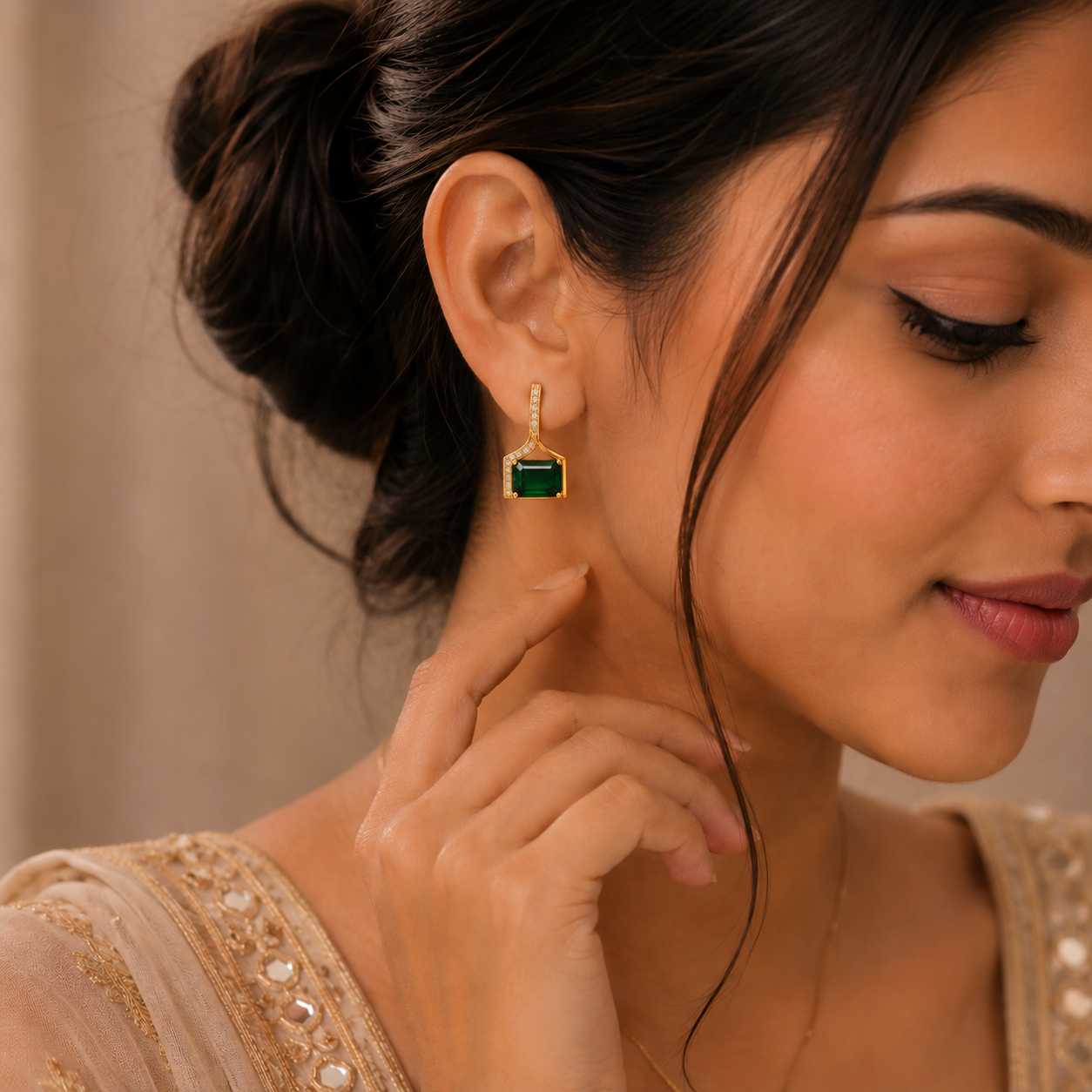 Silver Drop Stud Earrings with Pearl & Green Stone