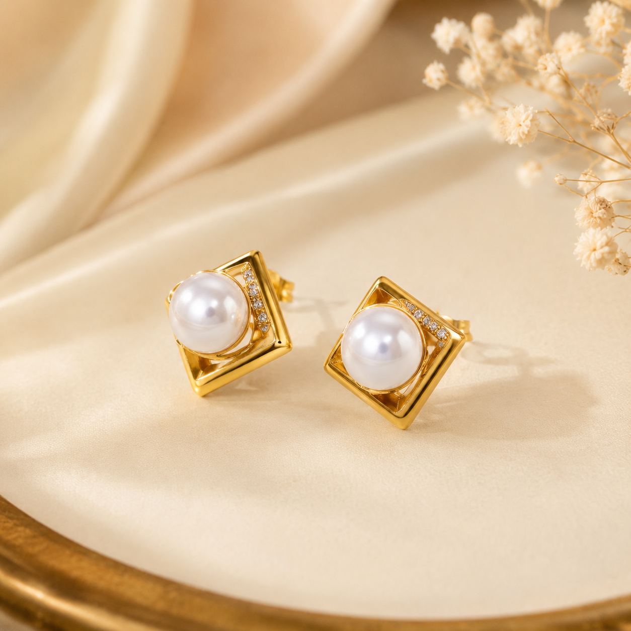 Celeste Pearl Diamond Gold Stud Earrings