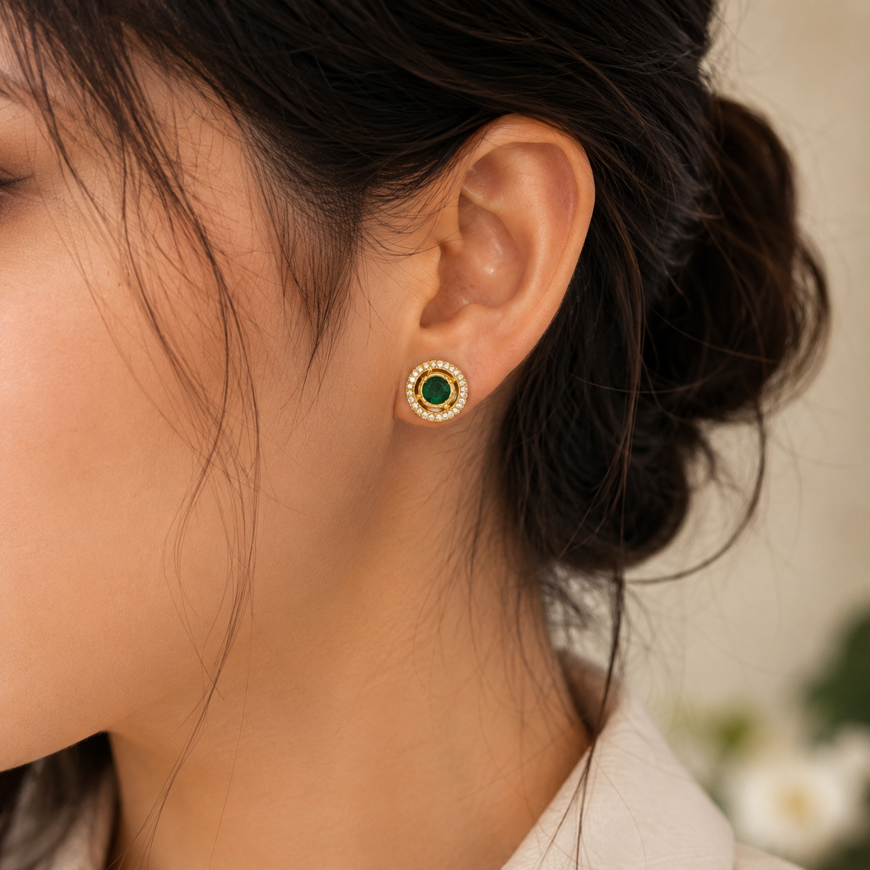 Emerald Halo Diamond Gold Stud Earrings