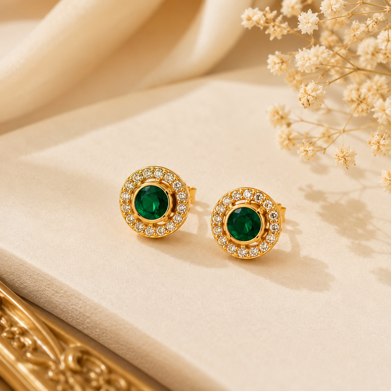 Emerald Halo Diamond Gold Stud Earrings