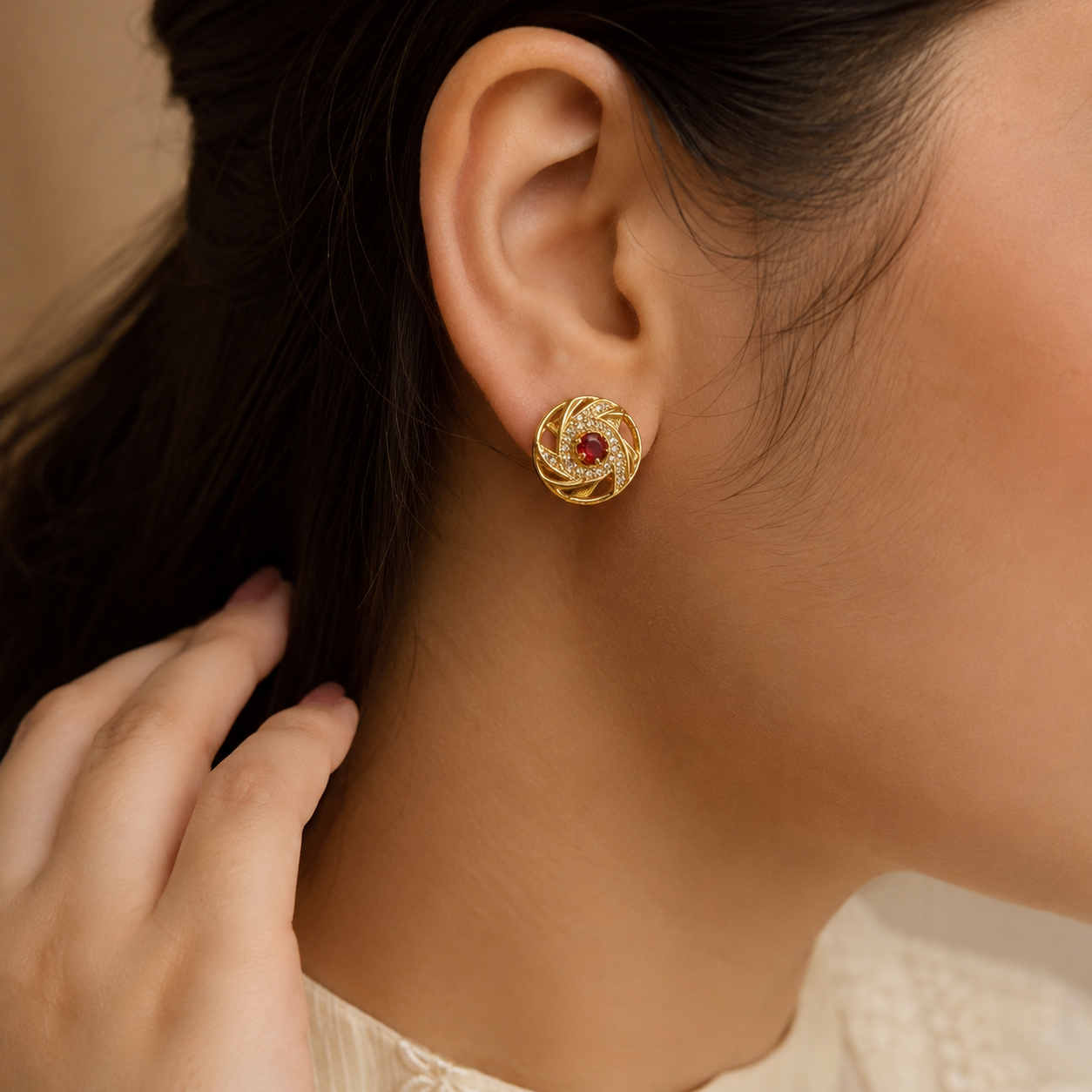 Ruby Diamond Spiral Gold Stud Earrings