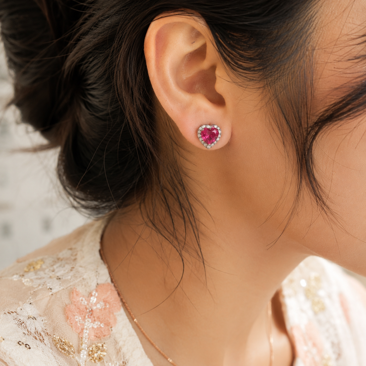 Heart Ruby Diamond Halo White Gold Stud Earrings