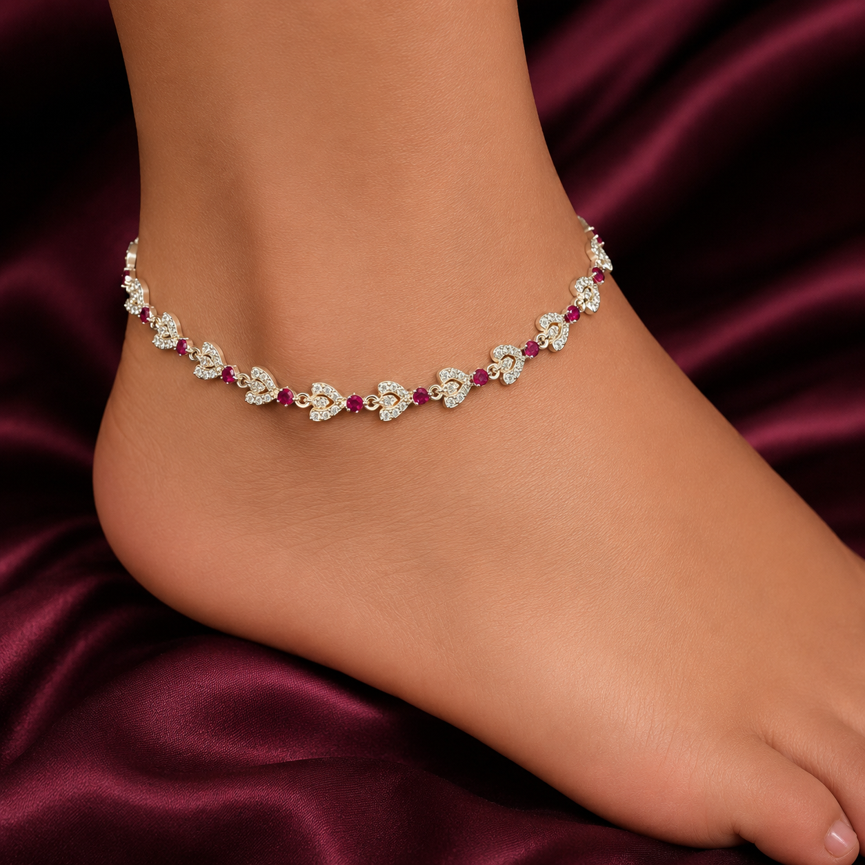 Ruby Diamond Floral White Gold Anklet