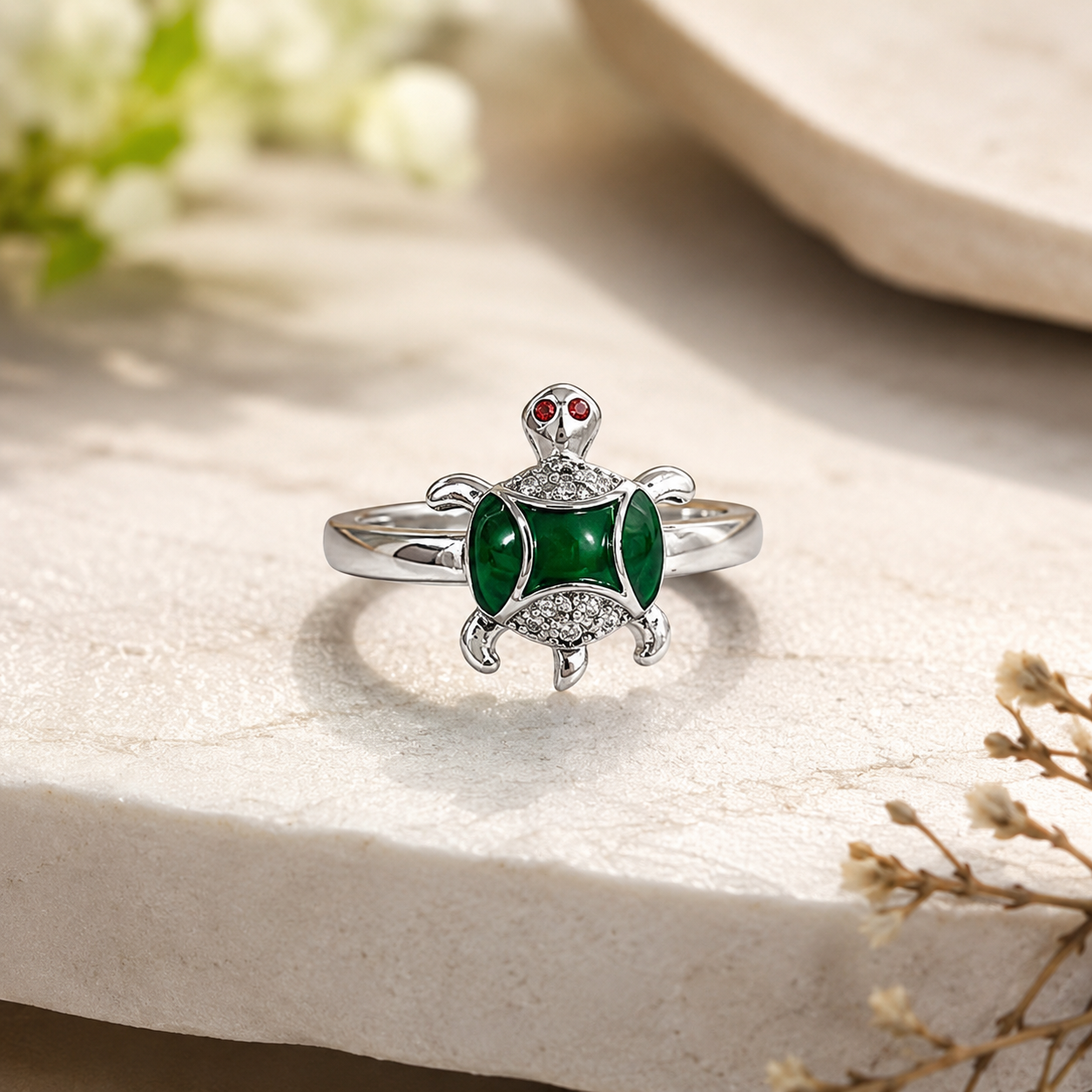Silver Turtle Ring with Green Stone & Cubic Zirconia