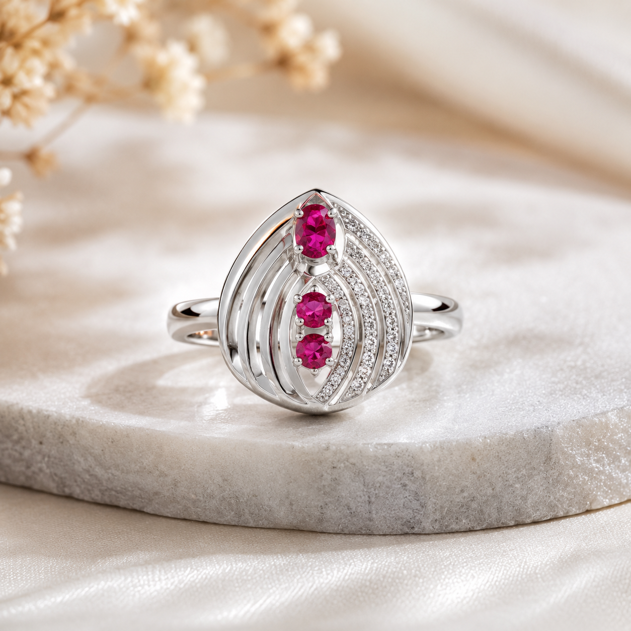 Silver Ruby Leaf Ring with Cubic Zirconia