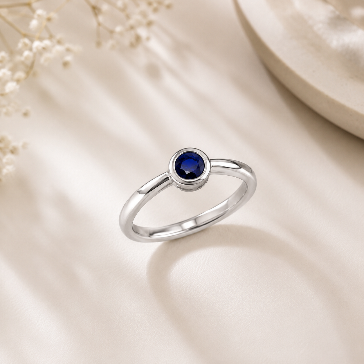 Silver Blue Sapphire Bezel Solitaire Ring