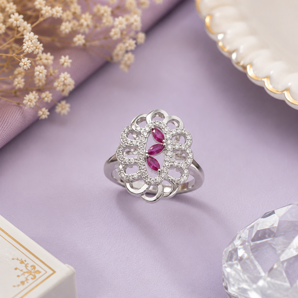 Silver Floral Ruby Ring with Cubic Zirconia