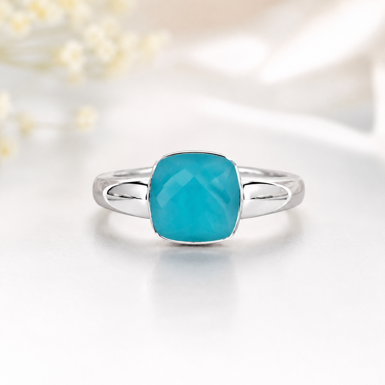 Silver Cushion-Cut Turquoise Solitaire Ring