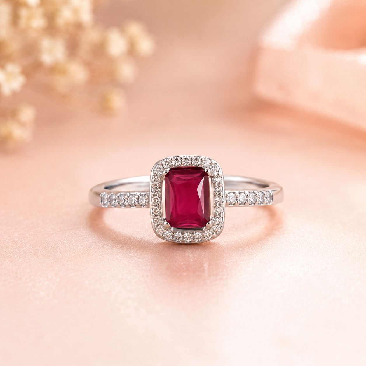 Silver Ruby Halo Ring with Cubic Zirconia