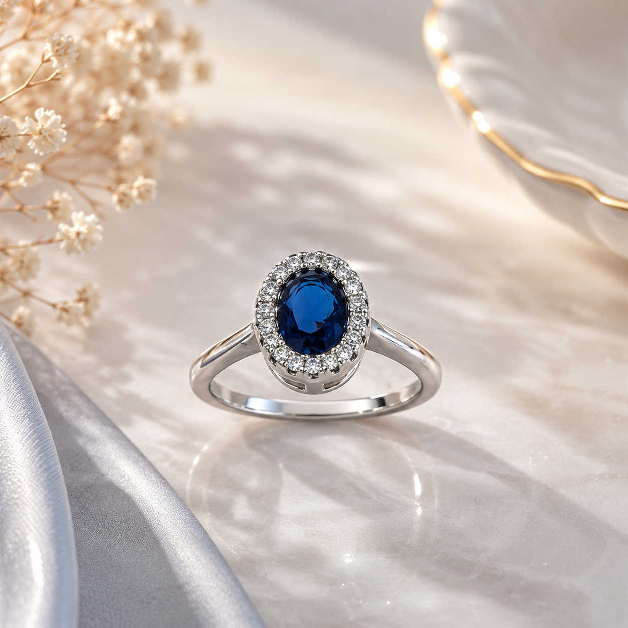 Blue Sapphire Halo Ring with Cubic Zirconia