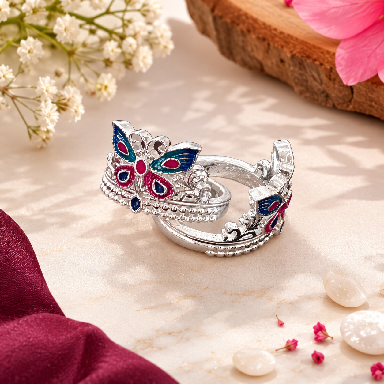 Silver Enamel Butterfly Toe Ring