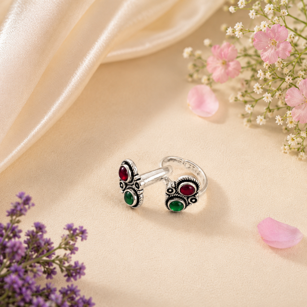 Silver Ruby Emerald Toe Ring