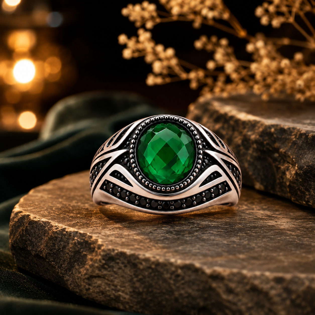 Men's Green Stone Silver Ring