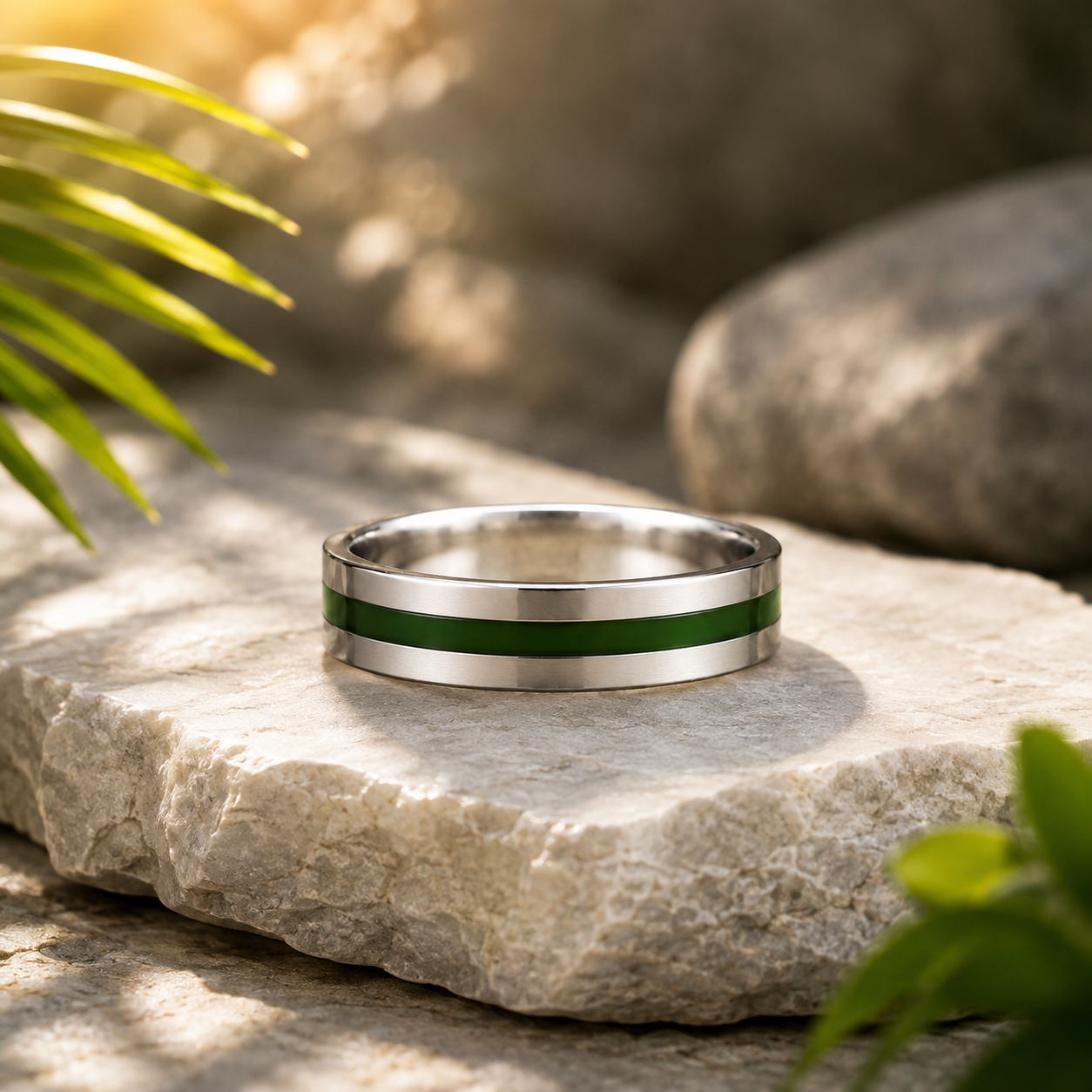 Men's Green Stripe Silver Band Ring