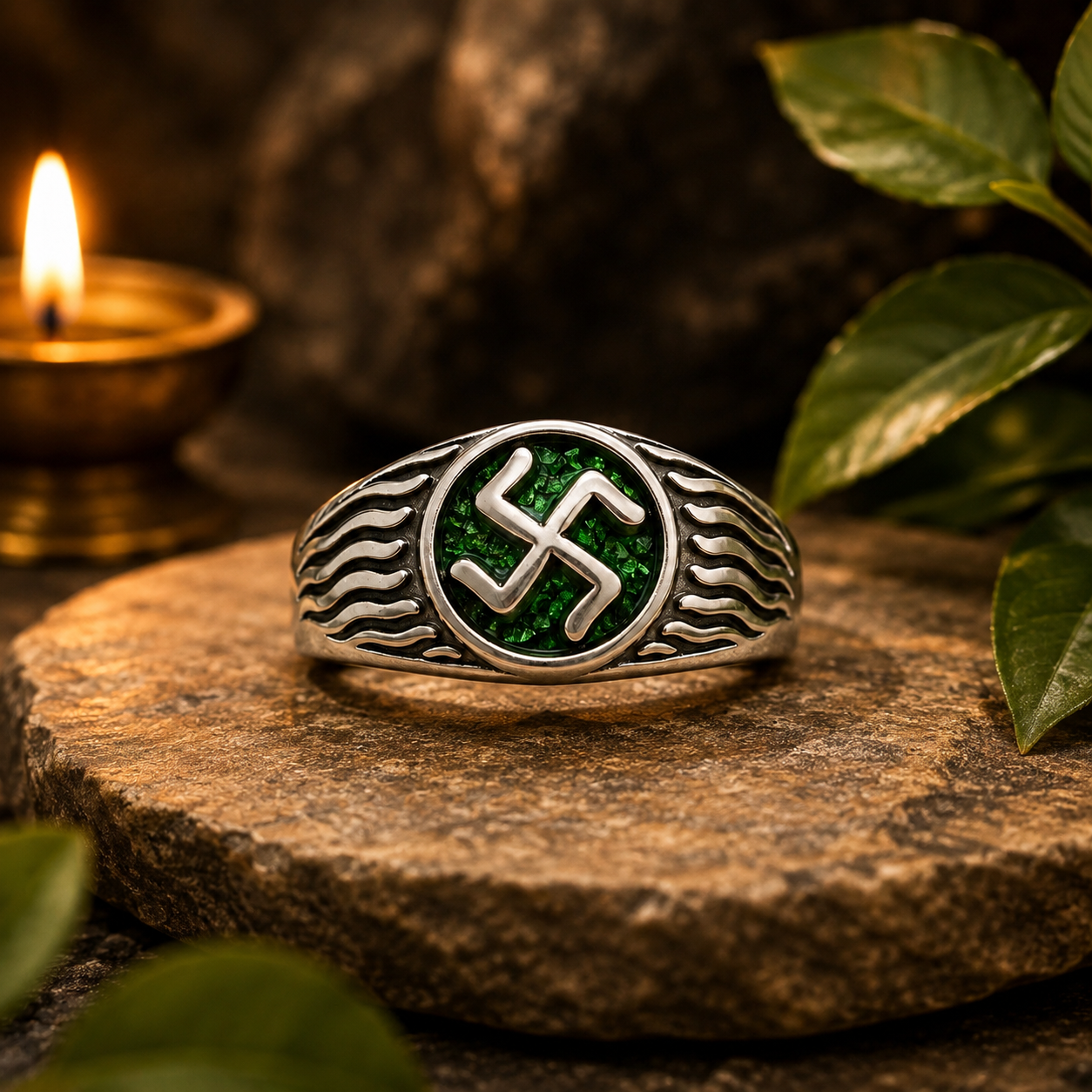 Men's Swastik Green Silver Ring
